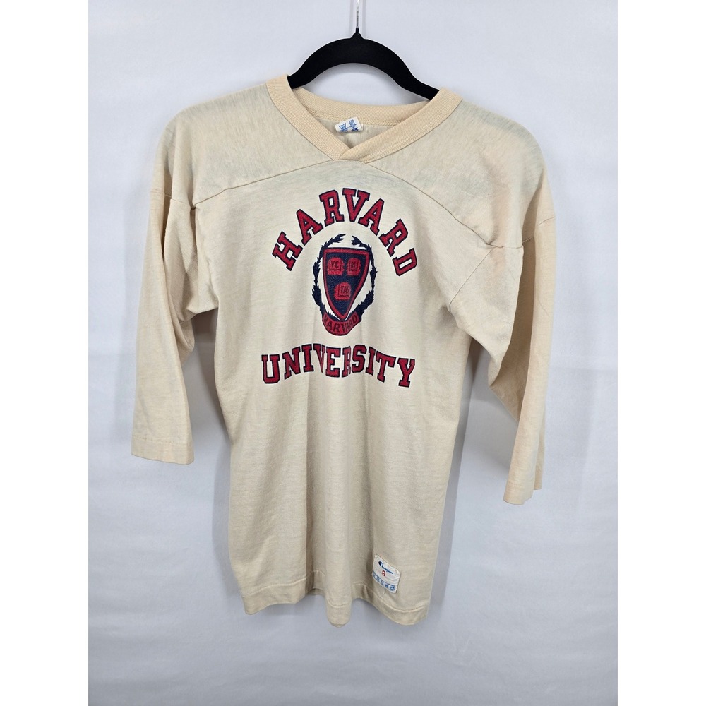 Vintage 80s Champion Harvard University Jersey T-Shirt Small Cream Blue Bar USA